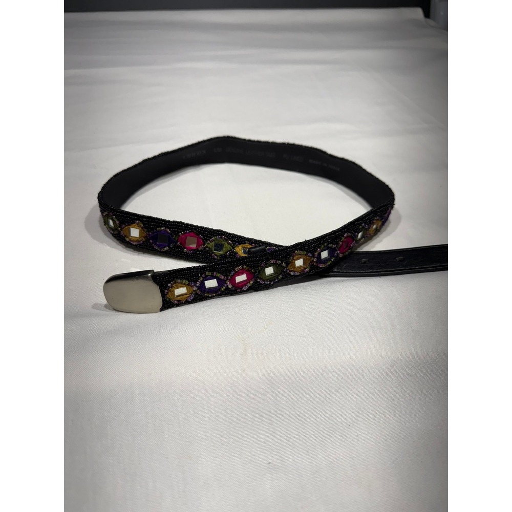 Chico's Beaded Belt Y2K Mirror Embroidered Leather Black Multicolor S/M